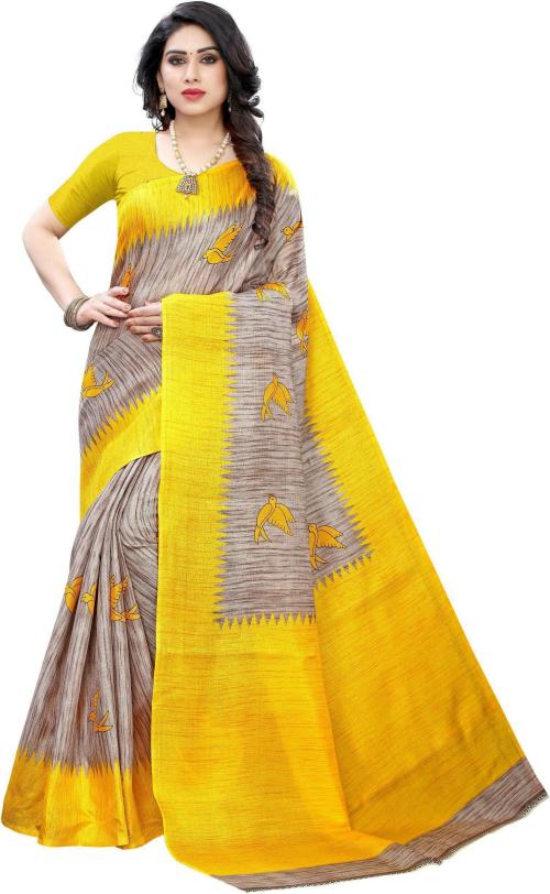 Gugaliya Women Fanastic Yellow Animal Print Pure Silk, Art Silk Saree