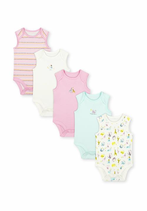 Mothercare Girls Sleeveless Bodysuit Animal Print And Stripe - Pack of 5 - Pink White Blue