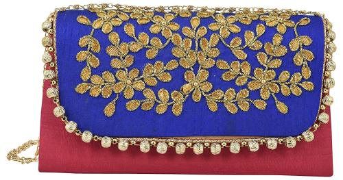 Tooba Handicraft Royal Blue Velvet Women Designer Clutch Bag With Chain Strap