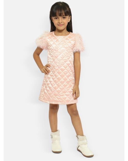 Nautinati Girls Dress Peach Selfdesign Polyester Pack Of 1