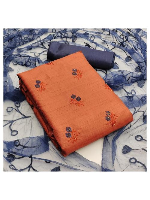 Reeta Fashion Stylish Rust Orange Silk Embroidery work Dress Material RFD646