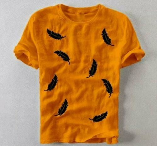 Yelofy Men Printed Round Neck Cotton Blend T-Shirt Yellow - XL