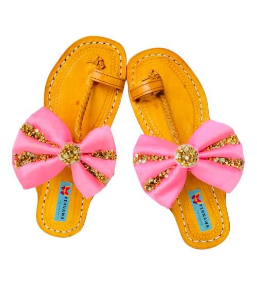 PehnawaCraft Pink Glitter Bow Kolhapuri Sandals