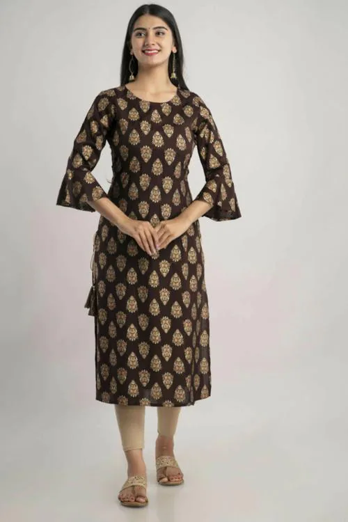 Mauka Women Printed Viscose Rayon Straight Kurta (Brown, Beige)