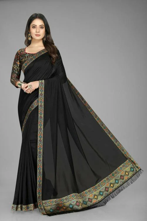SWIFFIN Premium Collection Vichitra Silk Banarasi Black Saree For Women/Women Saree With Unstitched Blouse-MUSKAN-BLACK
