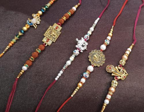 Buy Rakhdi Zardosi, Platinum, Silver, Gold Finish, Gold, Mauli Thread ...