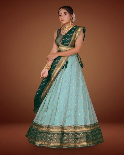 HALFSAREE STUDIO Green Pure Banarasi Silk Designer Lehenga Choli