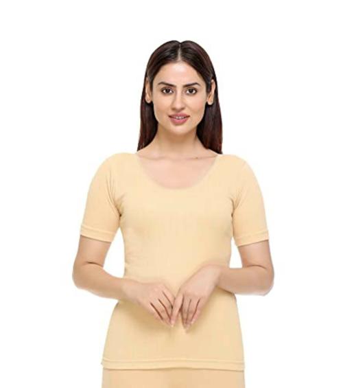 Warmzone Women Camel 50 Percent Cotton, 25 Percent Viscose, 25 Percent Polyster Thermal Round Neck Half Sleeve Top (3Xl)