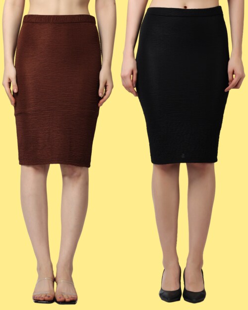Popwings Women Casual Solid Self Design Black and Brown Pencil Skirt (Pack of 2 Skirt) | Skirt Set | Women Trendy Skirt