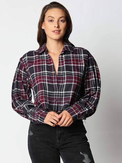 Go Sexy Women Maroon Checkered Cotton Blend Button Down Casual Shirt (S)