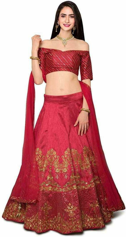 VM TEJANI Women Pink Embroidered Silk Blend Lehenga Choli Set With Dupatta