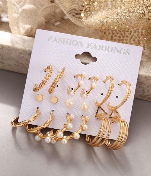 Vembley Combo 9 Pair Stylish Gold Plated Pearl Hoop , Drop, Tiny and Studs Earrings