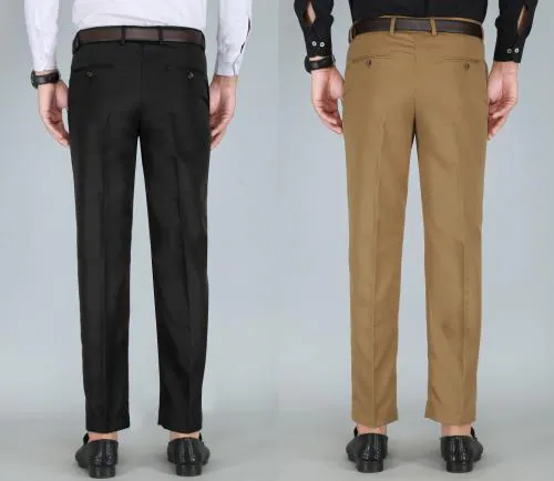 Kurus Men's Black And Gold Solid Cotton Blend Pack of 2 Formal Trousers For Men
