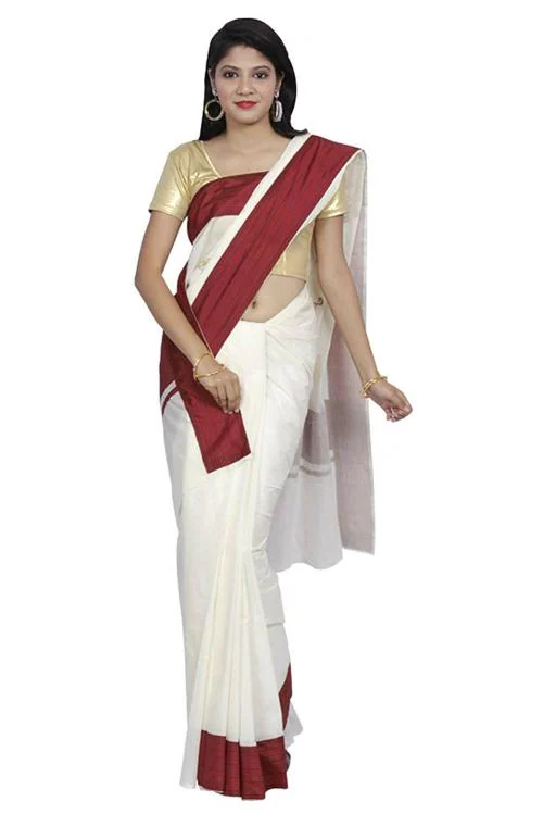 Fashionkiosks Women Cream And Maroon Cotton Kerala Saree With Blouse Piece