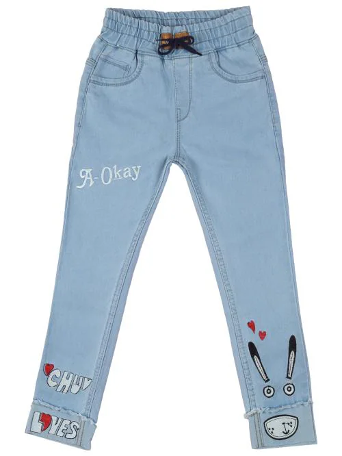 F2M Slim Fit Embroidered Trendy Design Light Blue Girls Jeans
