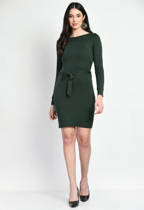 STYLZINDIA-OLIVE-STYLISH SOLID BODYCON DRESS _ Olive - S
