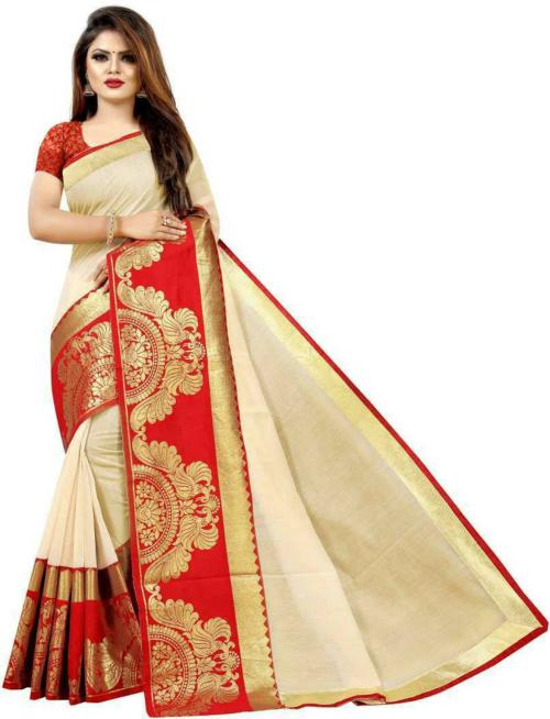 Vajiba Women Multicolor Temple Border, Woven, Applique Cotton Silk Chanderi Saree