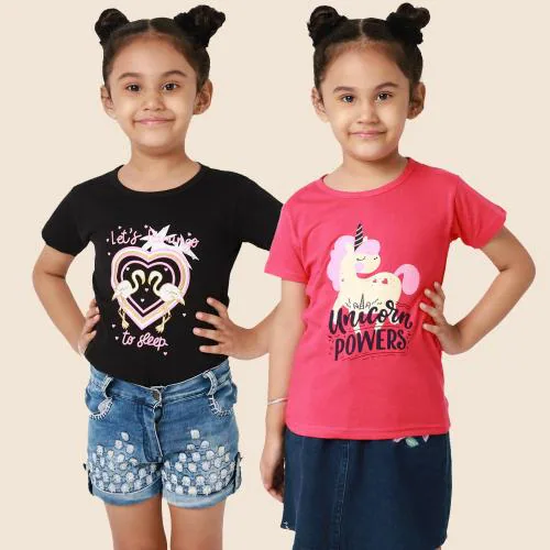 Little Zing Girls Multicolor Pure Cotton Graphic Print Pack Of 2 T Shirt | Girls tshirt | Kids Tshirt | Kids Wear | Tshirt for Girls | Baby Clothes | T shirt for Girls | Girl T-shirt