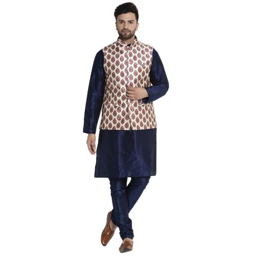 Bontestitch Men's Silk Blend Navy Blue Kurta Pajama with Designer Ethnic Nehru Jacket | Modi Jacket | Waistcoat (Size: S, JAIPURI)