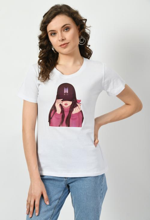 Women White Print Smile T shirt | Half Sleeve Plain | Regular Fit Ladies T Shirt for Women & Girls | Cotton Shirt for Women