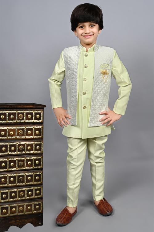 Ahhaaaa Kids Ethnic Silk Blend Zari Work Indo-Western Sherwani Set for Boys