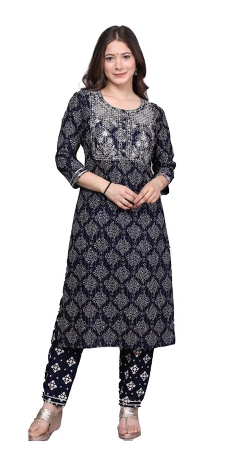 Clickedia Women's Fully Stitched Printed Rayon with Sequins Embroidered Gotta Patti Border Samosa Lace work Jaipuri Kurta and Pant Set