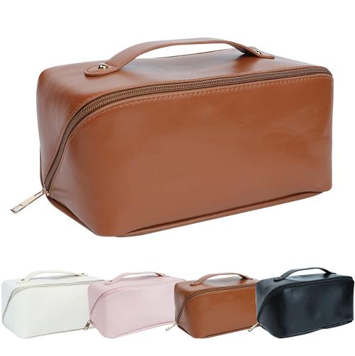 SKYTONE Large Capacity Cosmetic Travel Bag, Women's Makeup Travel Bag Portable Leather Cosmetics Bag, Makeup Storage Bags with Handle and Divider, Wide Opening Cosmetic/Makeup Organizer (BROWN)