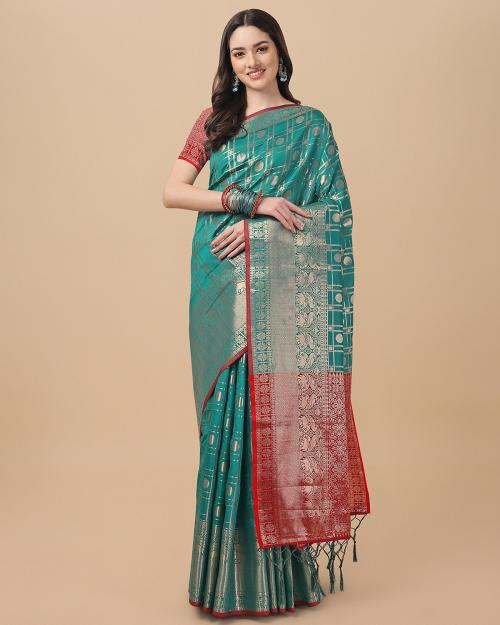 Rekha Maniyar Cotton Silk Teal Color Woven Design Saree for Women