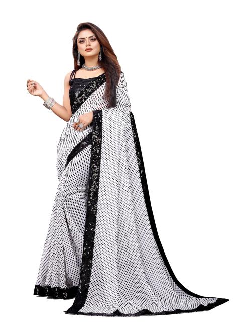 Reeta Fashion Gorgeous Black & White Georgette Printed with Sequence Lace Saree with Unstitched Blouse