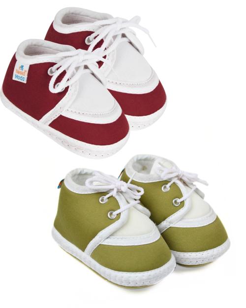 Neska Moda 6 To 12 Months Baby Boys & Girls Pack of 2 Pair Cotton Lace Shoes/Booties (Maroon,Mehndi)-BT80andBT2159