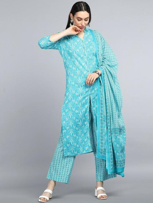 Vaamsi Women Blue Pure Cotton Printed Kurta and Trousers Set (XL)