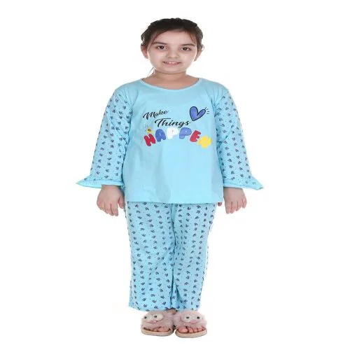 MMShopy Girls Printed Hosiery Top & Pyjama Set Kids Nightwear Blue