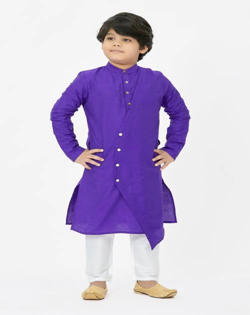 SNL INDO WESTERN FULL SLEEVES SOLID CROSS CUT KURTA AND PYJAMA SET - PURPLE