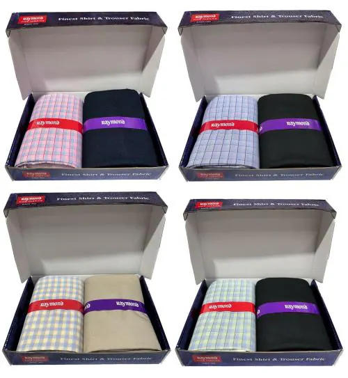 Raymond Checkered Pc-Cotton Shirt & Trouser Fabric Combo of 4 in Moments Gift Box Pack (Shirt-2.25 m, Pant-1.20 m)Combo-6