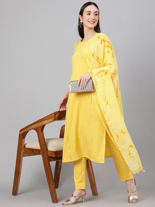 Janasya Women's Yellow Crepe Solid Kurta with Pant and Dupatta