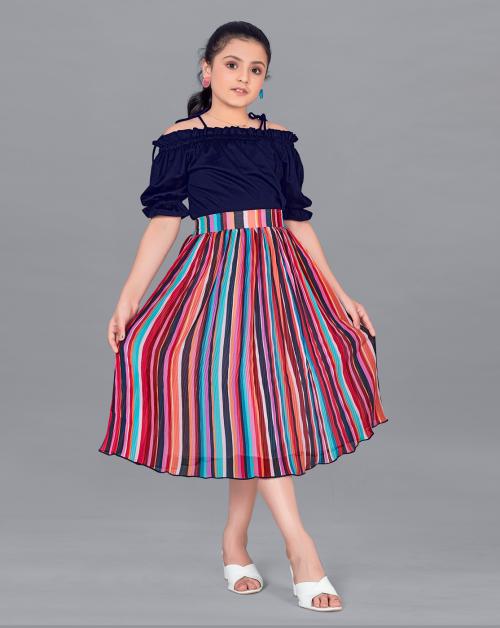 Fashion Dream Girls Navy Blue Digital Printed Georgette Top & Pleated Skirt Set | Kids Wear | Girls Top Skirt Set | Girls Clothing Set