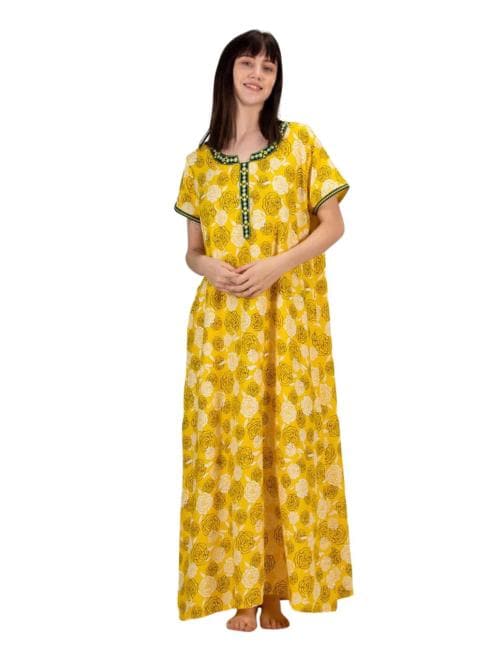 Evolove Women Mustard Yellow Viscose Liva Long Maxi Night Gown Nighty Dress With Pocket (M)