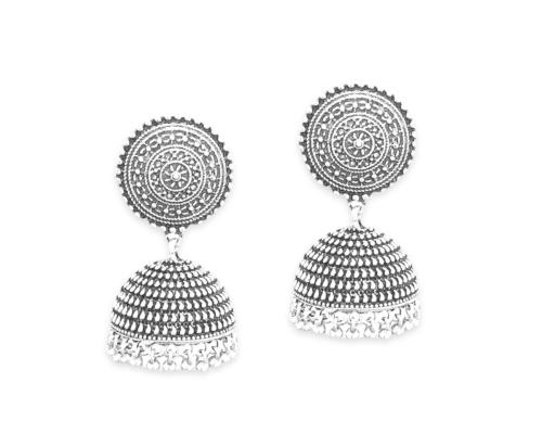 Jewelopia Oxidised Silver Jhumki Earrings German Silver Oxidized Floral Design Stylish Pearl Drop Traditional Boho Jhumki Earrings & Ring For Women & Girls