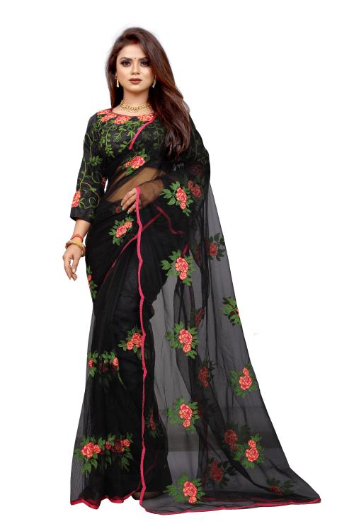 Barakiay Creation Women's Embroidered Work Fashion Net Saree With Blouse Piece.