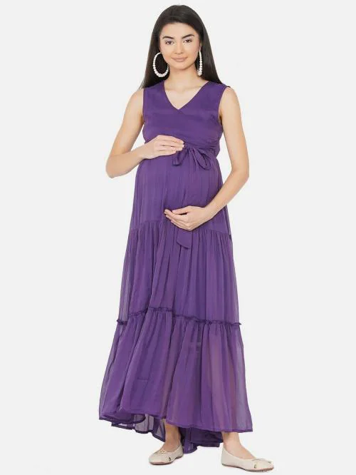 Mine4Nine purple Solid Print Chiffon Fit And Flare Women's Maternity Dress