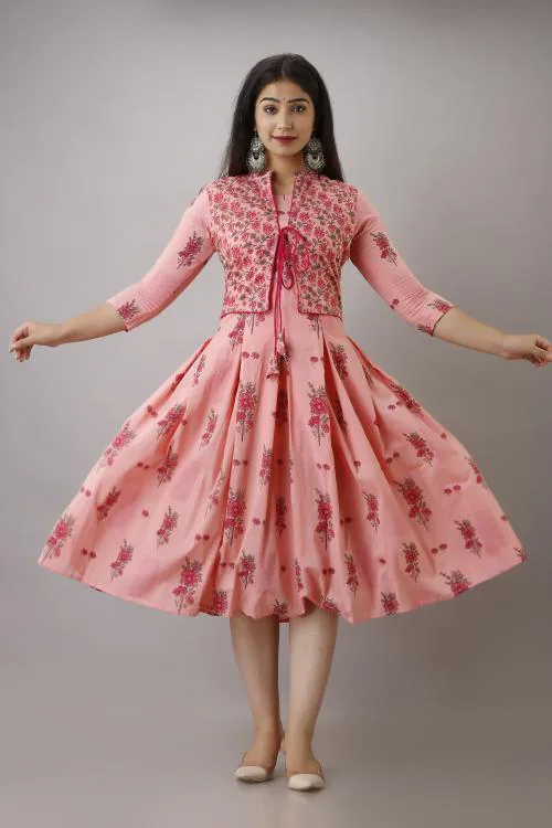 ftDiva Women Pink Anarkali Jacketed Kurta in Rayon