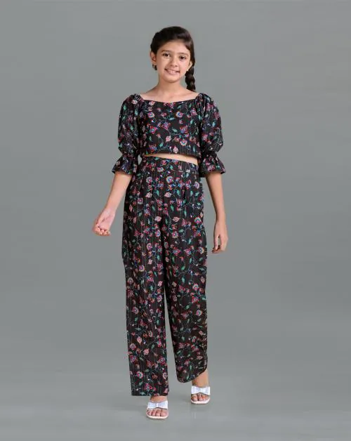Fashion Dream Girls Black Floral Printed Polyester Blend Crop Top And Pant Set | Girls Ethinc Set | Kids Wear | Ethnic Wear