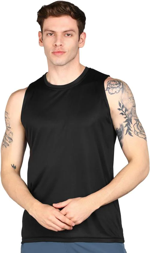 PRIME PLUS Black Solid Polyester Round Neck Sando Vest - XXL