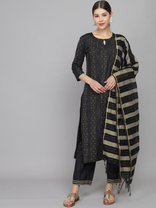 Prakhya Women Black Solid Cotton Blend Kurta Pant Set With Dupatta