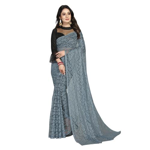 Rekha Maniyar Grey Floral Pattern Net Saree for Women with Unstitched Blouse Piece (BLACKCAT_GREY)