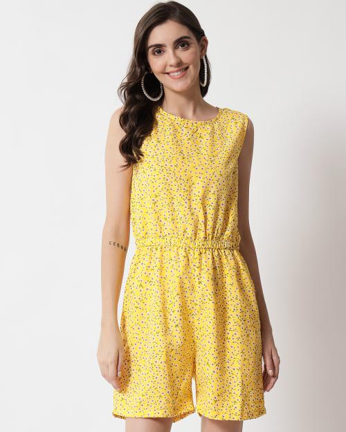 My Swag Women's Yellow Color Floral Print Sleeveless Summer Short Jumpsuit