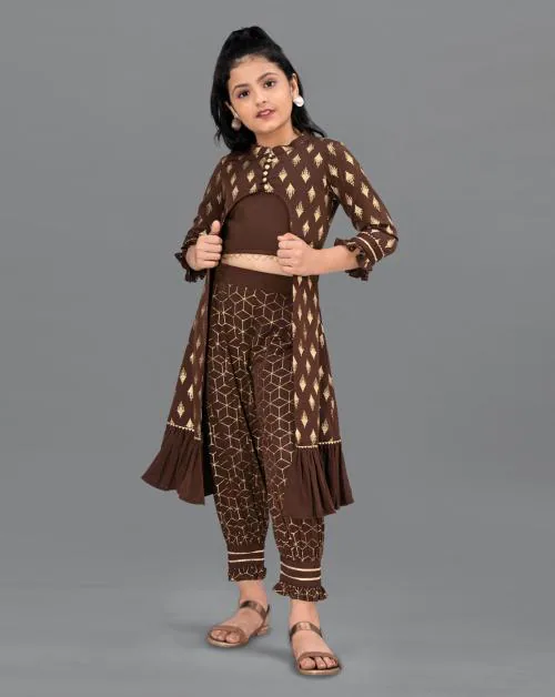 Fashion Dream Girls Brown Foil Printed Crepe Long Shrug Top And Pant Set | Girls Ethinc Set | Kids Wear | Ethnic Wear