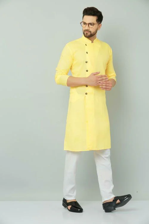 LemonX Men Yellow Solid Cotton Blend Kurta Pyjama Set (L)