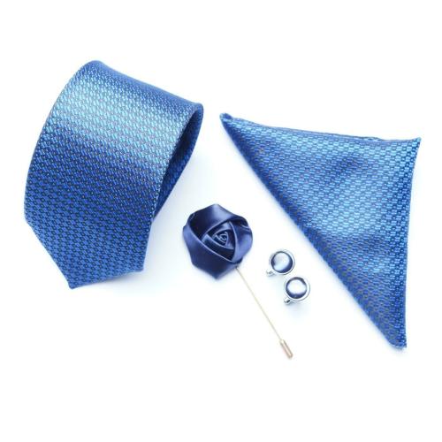 Rare Combee Group Premium Silk Formal Free Size Necktie for Men Pocket squre with Cufflinks & Rose Pin - Cobalt Blue Color Self design