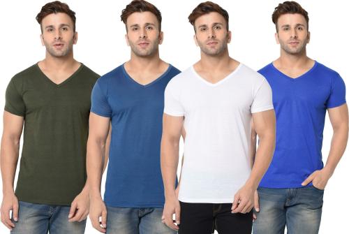 Bribzy Men Olive, Airforce, White, Royal Blue Solid Cotton Blend pack of 4 T-Shirts (Large)